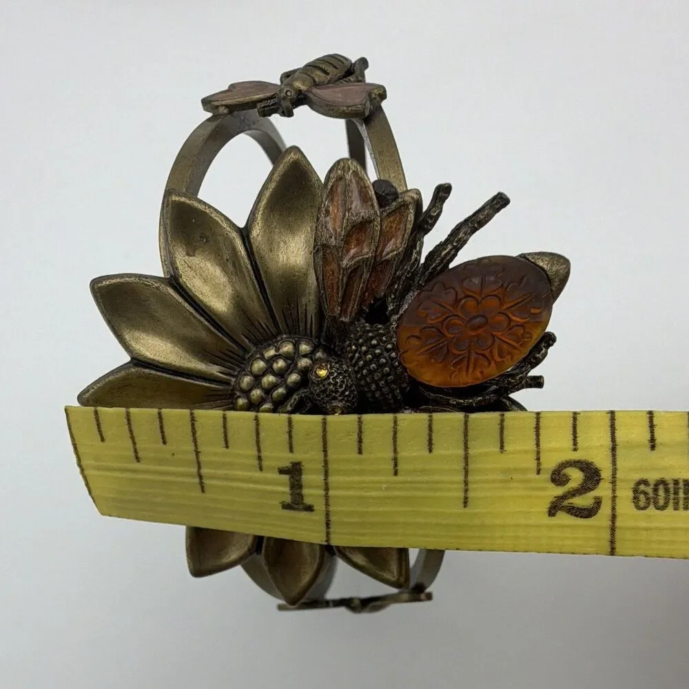 Bronze Tone Flower Bee Hinged Cuff Bracelet Metal